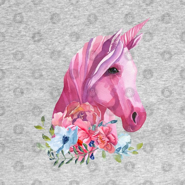 Unicorn Fantasy Horse with Magenta Flowers Watercolor Art by AdrianaHolmesArt